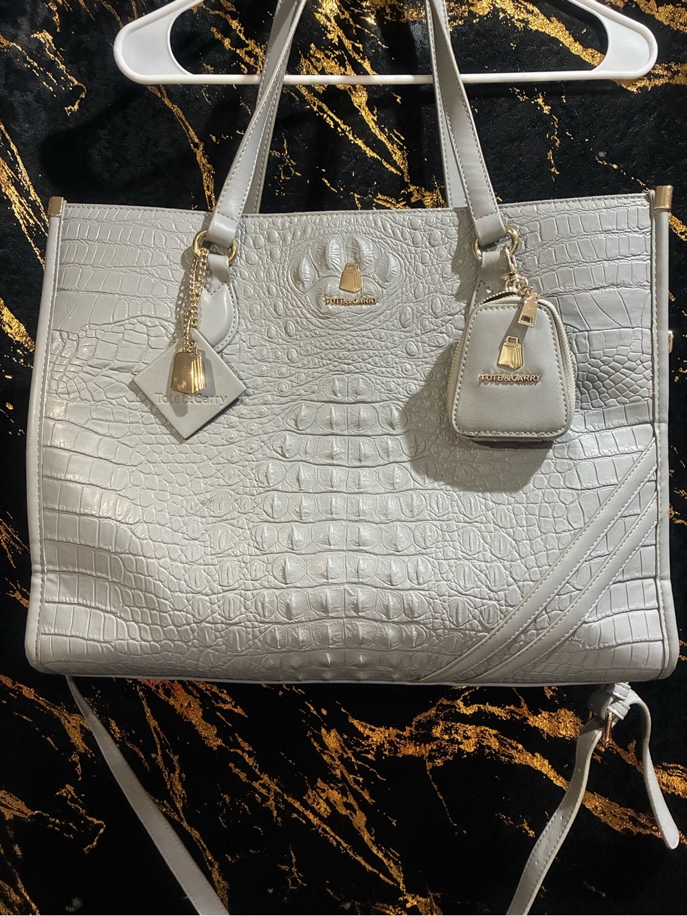 Croc-Embossed Light Gray Tote with Gold Accents